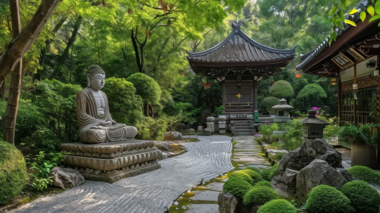 Peaceful Zen Garden with Buddha Statue and Pagoda