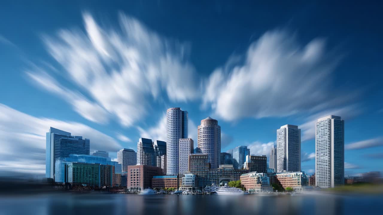 Stunning Urban Skyline Under Dramatic Cloud Formations Reflecting on Calm Waters Captured Over Two Frames in a Dynamic Cityscape Perspective