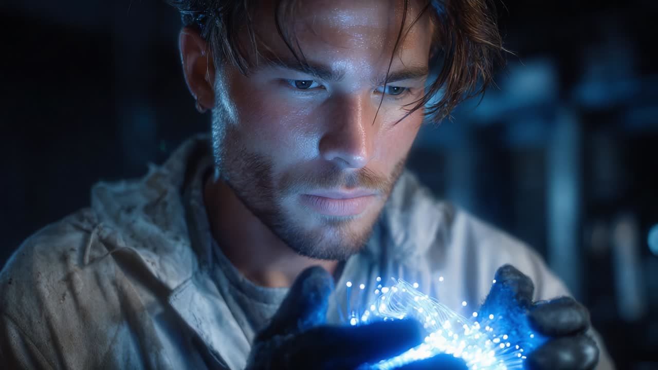 A focused individual in a dimly lit environment intensely examines a glowing, energy-like orb in his hands, showcasing a fusion of technology and human curiosity, reflecting innovation and scientific exploration