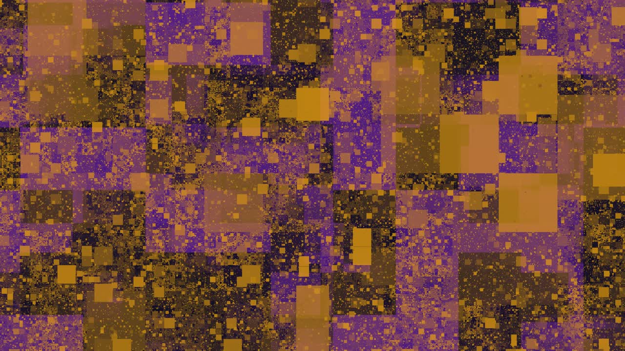 Animazione di sfondo in loop di arte digitale astratta con forme geometriche, effetto glitch di pixel viola e arancioni.
