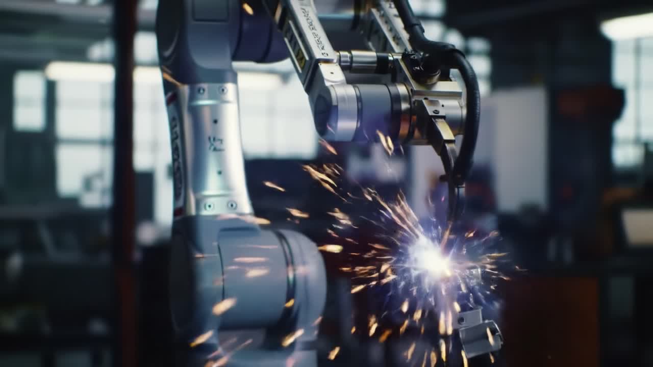 A robotic arm showcases its welding capabilities, creating bright sparks in a state-of-the-art manufacturing facility. The environment emphasizes innovation and technology in industry.