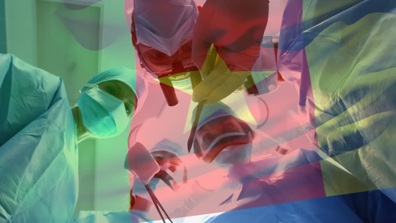 수술실에서 외과의사 위에 카메룬의  ⁇ 발의 애니메이션