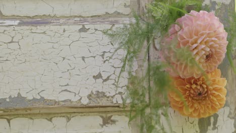 two pompom dahlia flowers and a piece of vintage wood