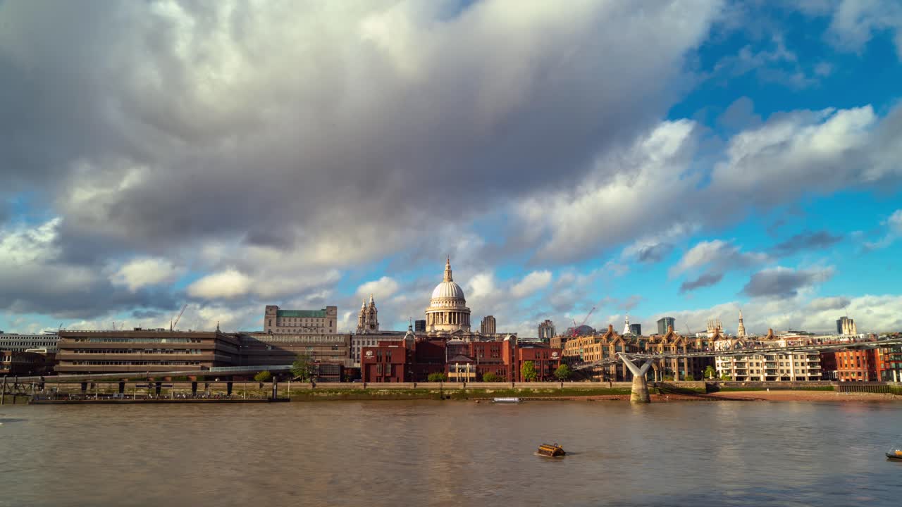 Timelapse view of London skyline with St. Paul's Cathedral centered, cloudy sky