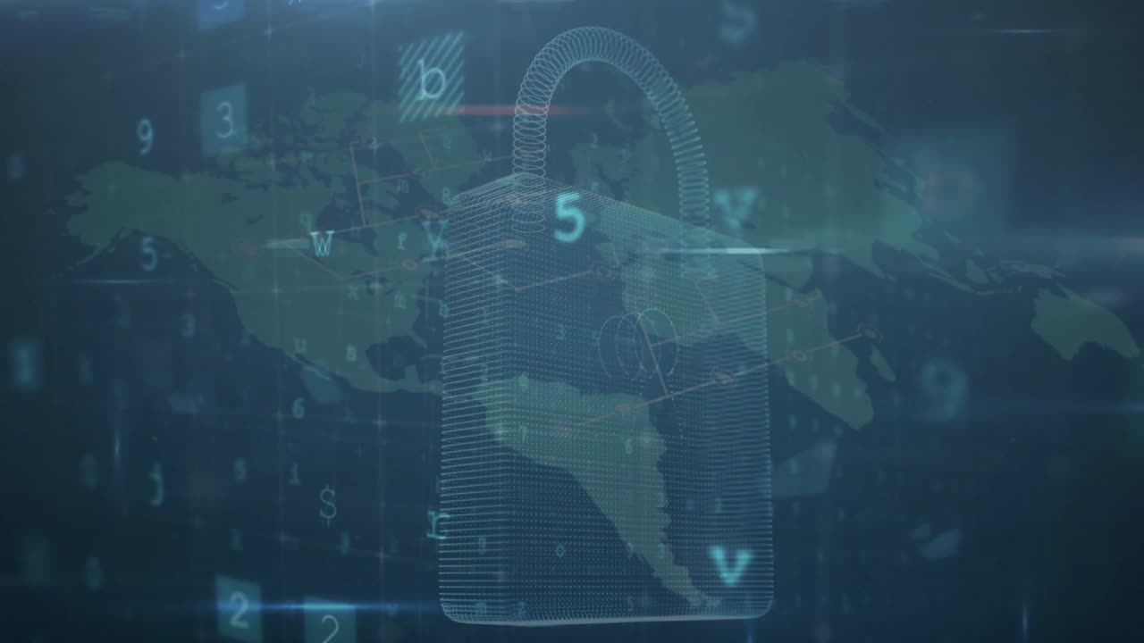 Animation of padlock, digital data processing and world map over dark background