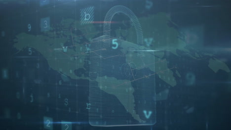 Animación-De-Candado,-Procesamiento-De-Datos-Digitales-Y-Mapa-Mundial-Sobre-Fondo-Oscuro