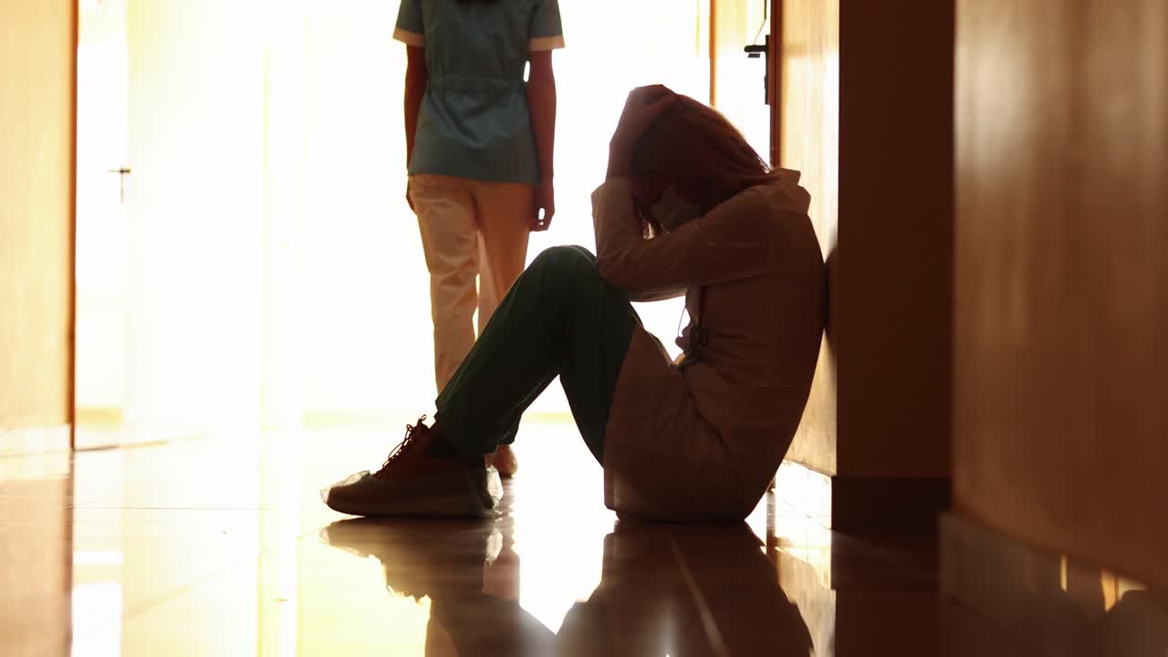 Stressed Healthcare Worker in Hospital Corridor