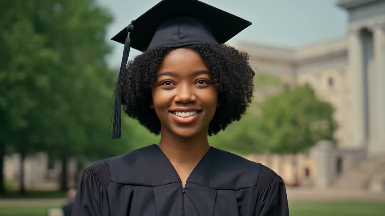 Happy Young Woman in Graduation Attire on Campus