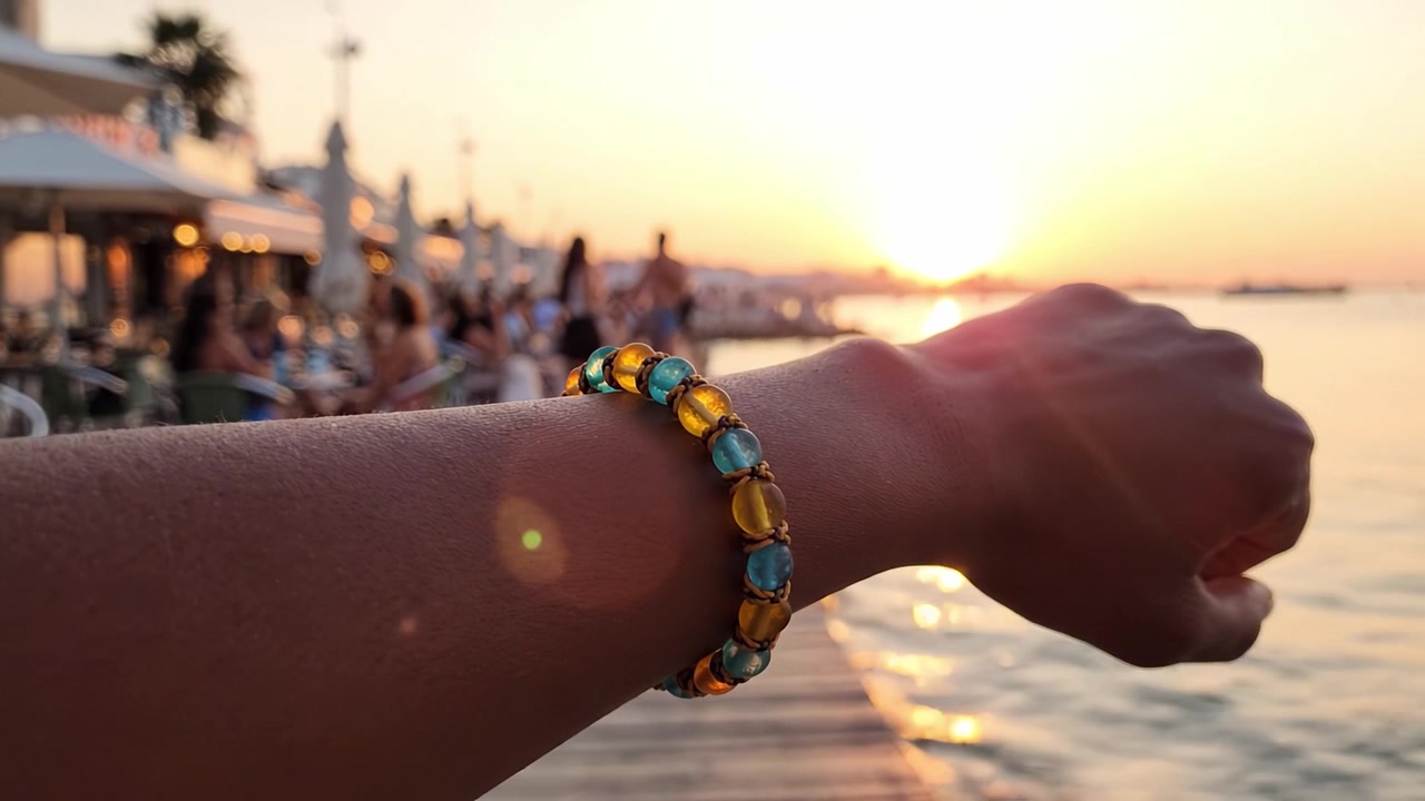 Un Bellissimo Tramonto Luccica sull'Acqua, Evidenziando un Braccialetto di Perline Colorate su una Mano Contro uno Sfondo Costiero Vibrante con Persone che si Godono la Serata