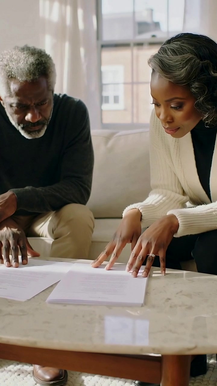 Vertical video: Woman reaching, man leaning, aligning papers on marble table at home for review