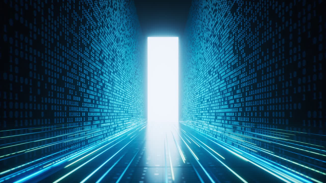 Glowing binary data tunnel background, 3d rendering