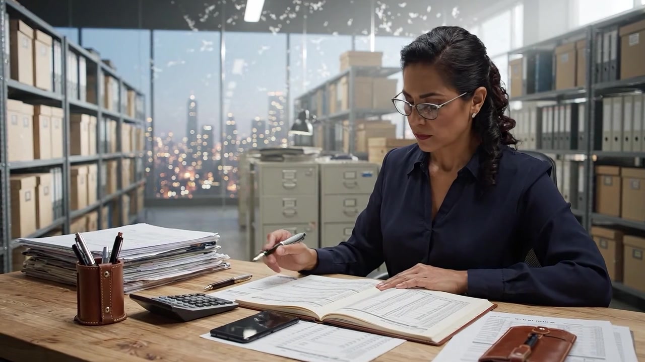 Donna professionista concentrata lavora diligentemente in un ambiente d'ufficio moderno, prendendo appunti e gestendo file sullo sfondo di luci della città e organizzazione