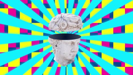 animation of head sculpture moving with glitch on blue stripes and square pattern background