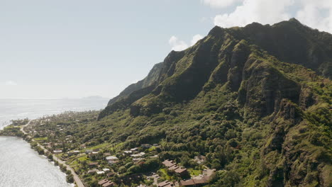 drone aerial pan onto ahupua'a 'o kahana state park, oahu, hawaii