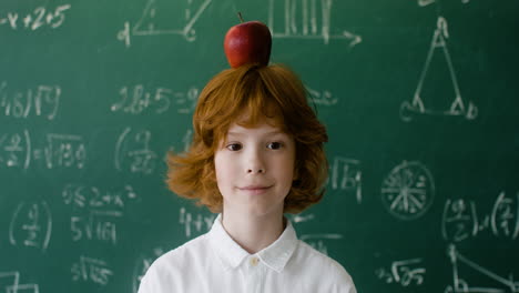 little boy with apple on his head.