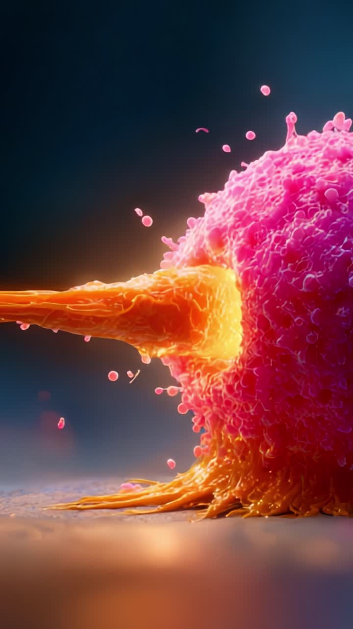 Interazione cellulare vivace con dinamiche cellulari dai colori brillanti ed estrusione in condizioni di laboratorio, che cattura l'essenza dei processi biologici in azione