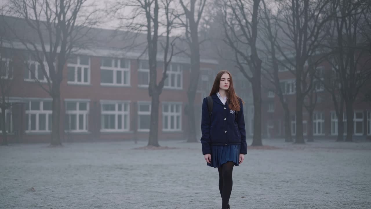 Lonely student walking through a deserted schoolyard on a cold, foggy winter morning, embracing solitude and finding peace in the quiet, serene atmosphere of the landscape