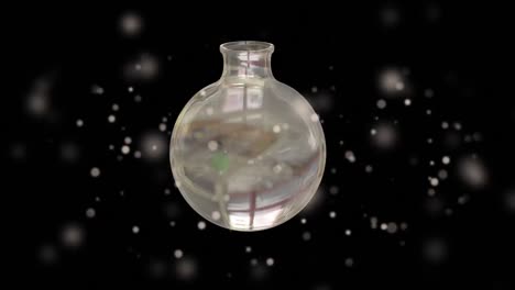 Animation-of-laboratory-glass-bottle-spinning-over-spot-lights-on-black-background