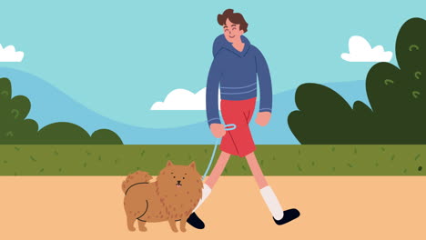 joven caminando con el perro en el campo