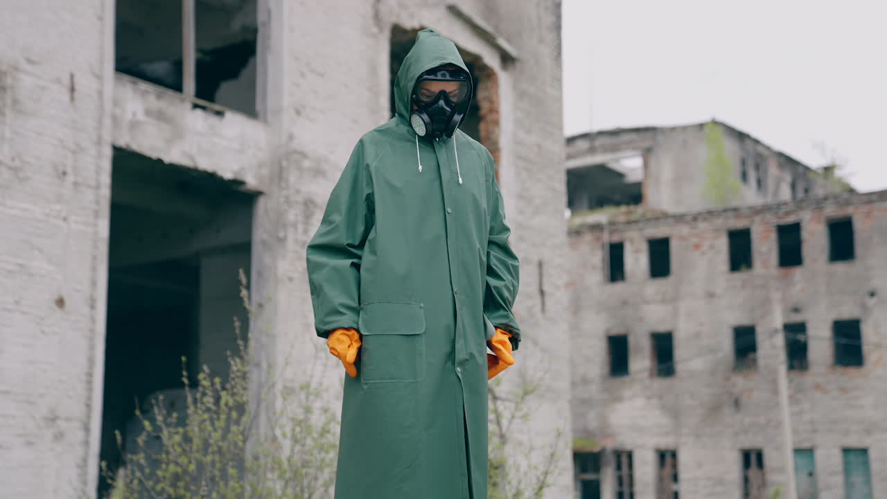 Environmental pollution, ecological disaster, nuclear war, post apocalypse concept. Care for future generations. Human in protective mask, face-guard to prevent breathing toxic air