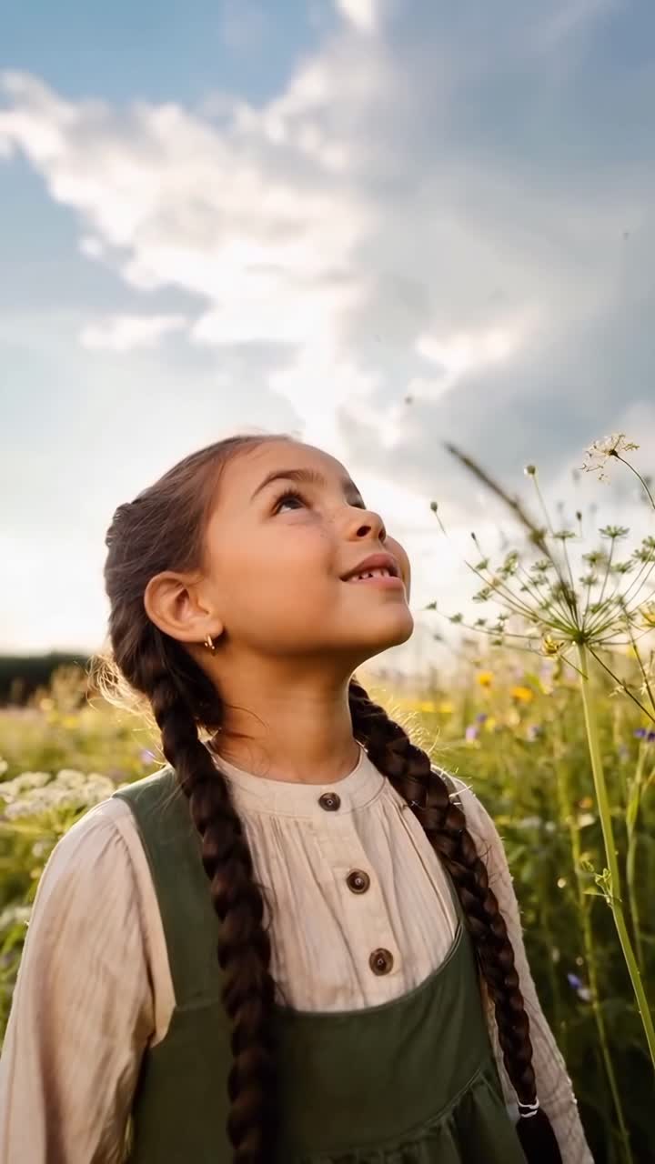 Un fotograma de video de una niña con trenzas en un campo, capturada desde un ángulo bajo, mirando hacia arriba.