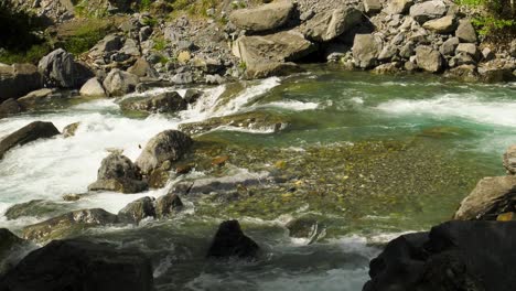 clear alpine river stream cascading over rocks, pyrenees spain