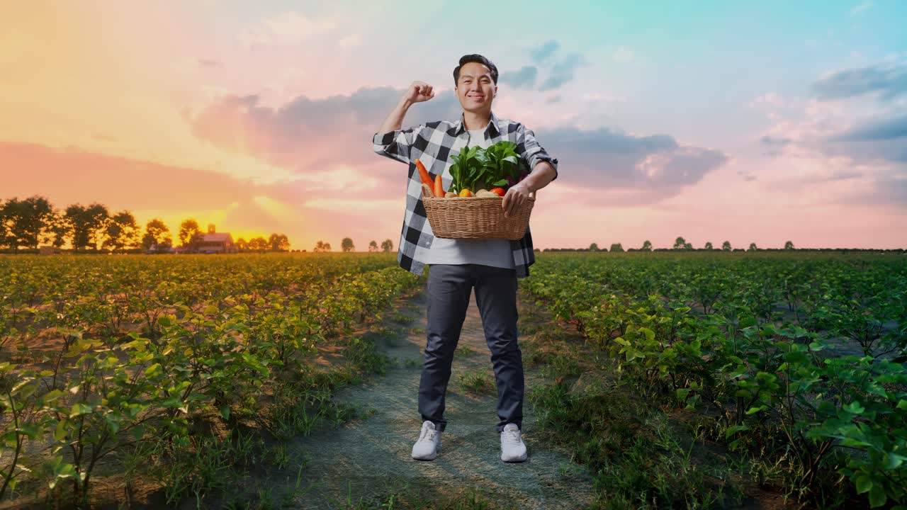 신선 한 수확 을 얻은 행복 한 농부