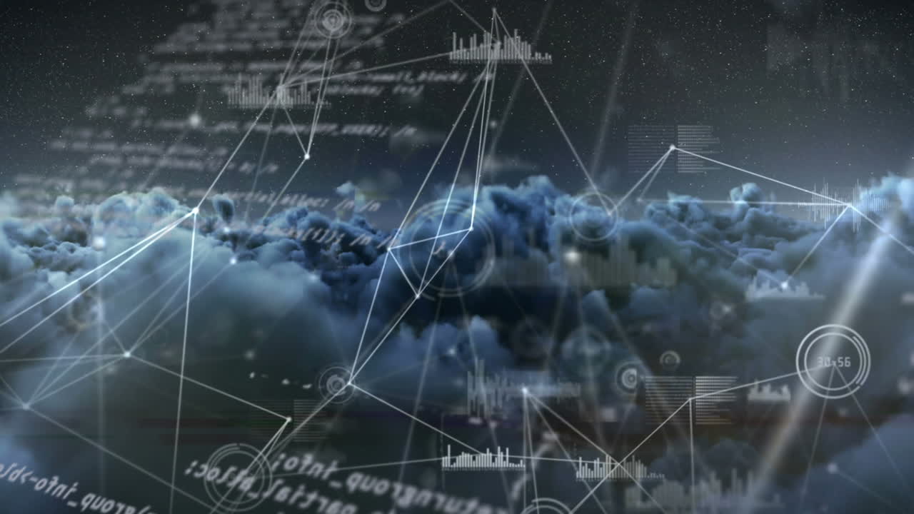 анимация сети соединений и обработка научных данных над облачным небом