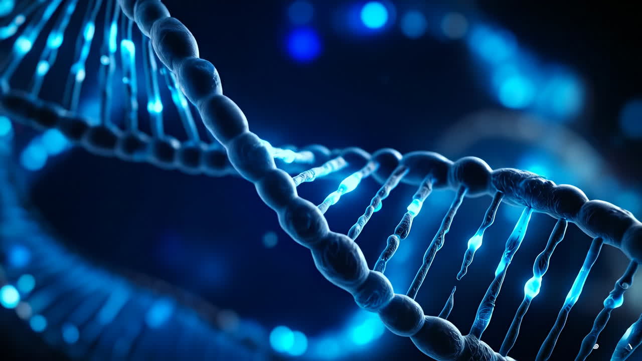 Microscopic blue DNA glow. A close-up digital image of a blue DNA double helix highlights its structure with glowing elements