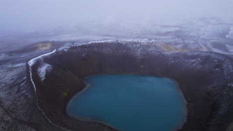 Huge-blue-geothermal-crater-lake-of-Viti-in-snowy-landscape,-Iceland