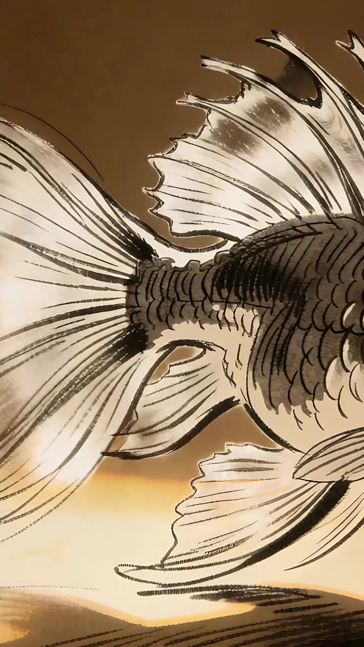 Video verticale: Coda flessibile di un pesce rosso stilizzato che nuota attraverso una sfumatura calda, formando anelli delicati.