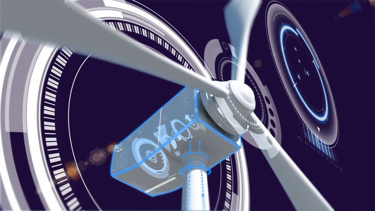Animation of rotating wind turbine and circular scanners processing data on black background