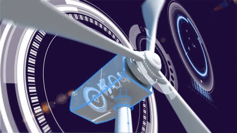 animación de una turbina eólica giratoria y escáneres circulares que procesan datos sobre un fondo negro
