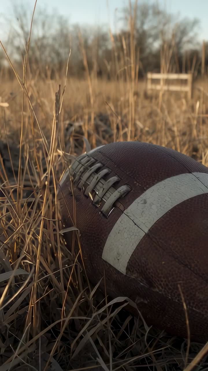 Video verticale: Allontanandosi, la telecamera mostra un pallone da calcio nell'erba secca vicino a una panchina, con alberi che rivelano il campo.