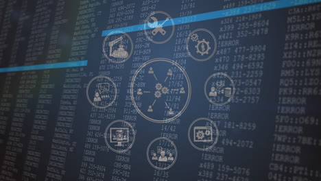 animation of network of connections with icons over data processing