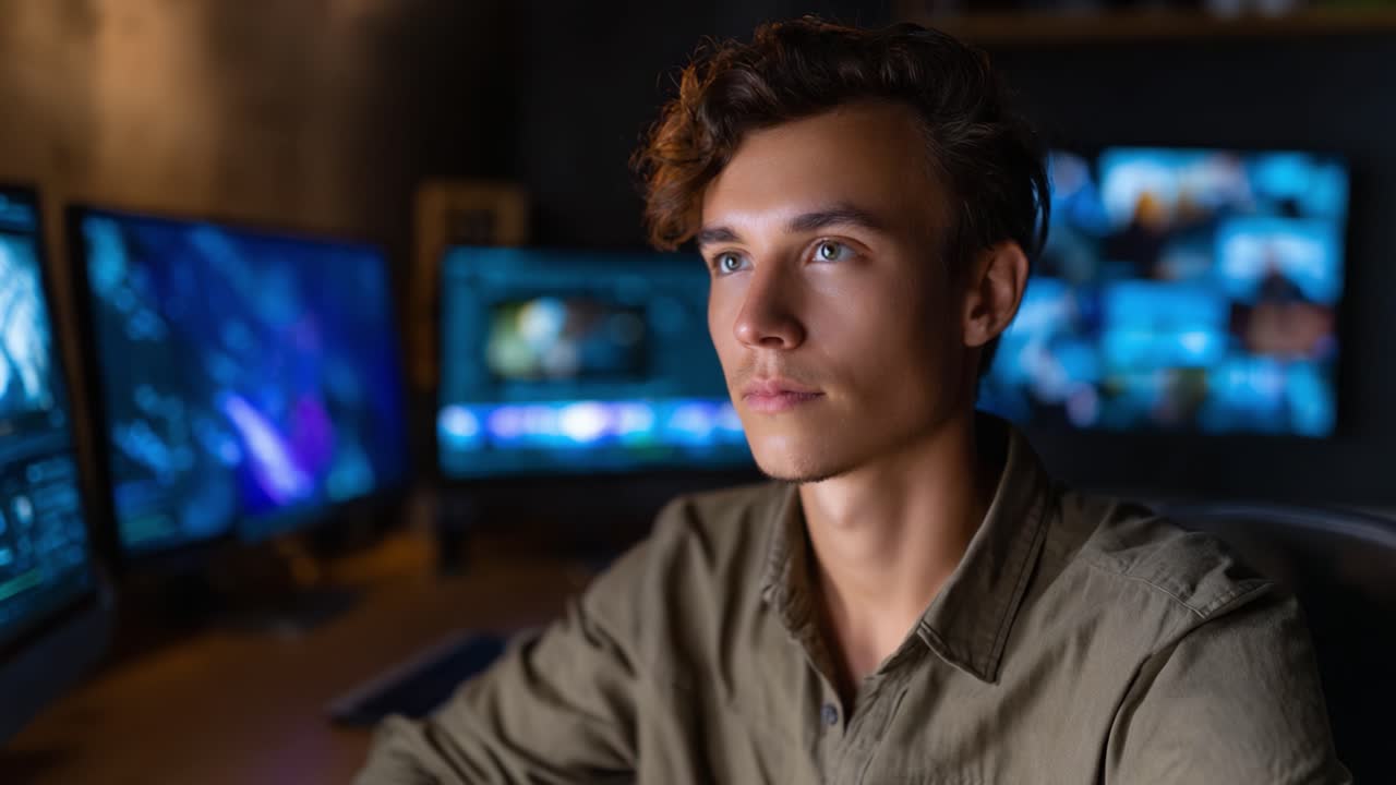 Focused individual engaging in video editing or digital content creation surrounded by multiple computer monitors displaying vibrant graphics and visual data