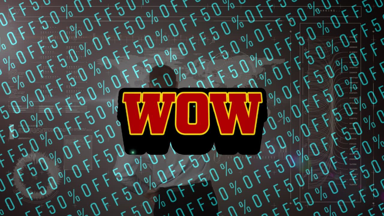 animación de wow sobre fondo negro con un 50 por ciento de descuento