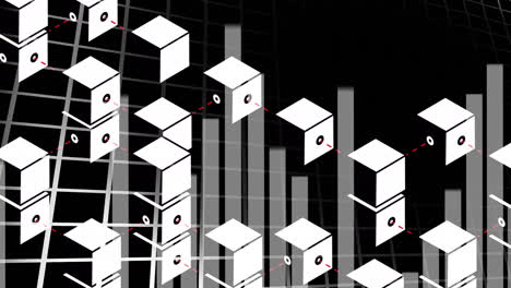 animation of financial graphs and cubes on black background