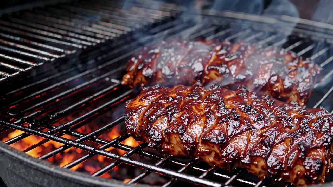 Costolette succose e glassate che sfrigolano su una griglia. Il fumo sale dalle costolette, esaltando l'aroma di barbecue.