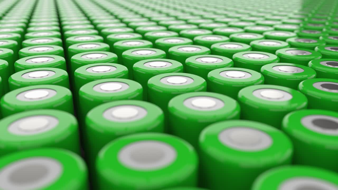 Energy evolution. New High-Capacity 4680 Format Lithium Batteries for automotive production and other consumer electronics. Seamless loop of green 4680 batteries, infinity field
