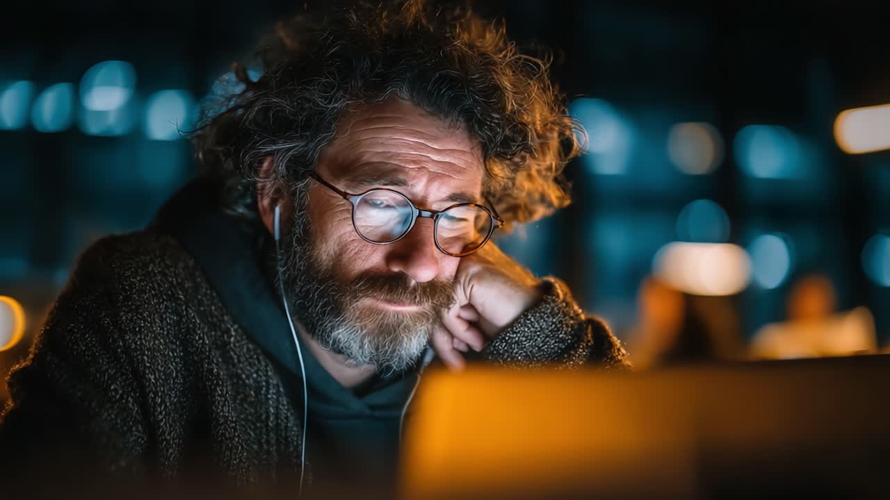 Eftertænksom person fordybet i digitalt indhold i et svagt oplyst miljø med varmt, omgivende lys, der forstærker den eftertænksomme stemning