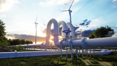 hydrogen pipeline and wind turbines. photovoltaic panels enhance clean energy generation. sunset