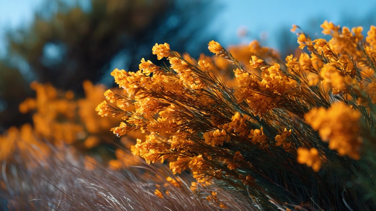 Fiori gialli vivaci ondeggiano dolcemente nella brezza, evidenziando la bellezza della natura e le calde tonalità dell'estate in questo splendido paesaggio floreale