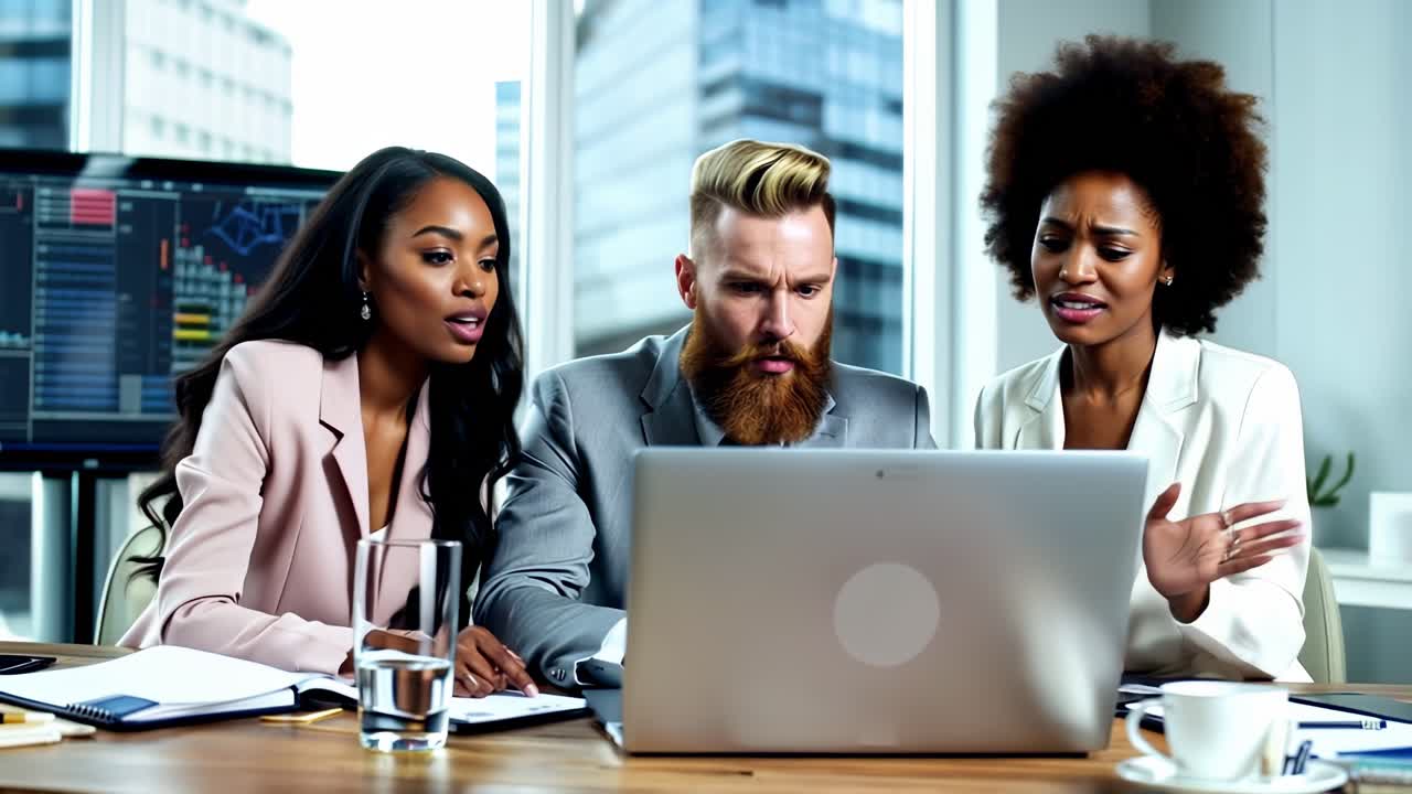 Diverse teamwork are sitting at a table with a laptop on desk in office.