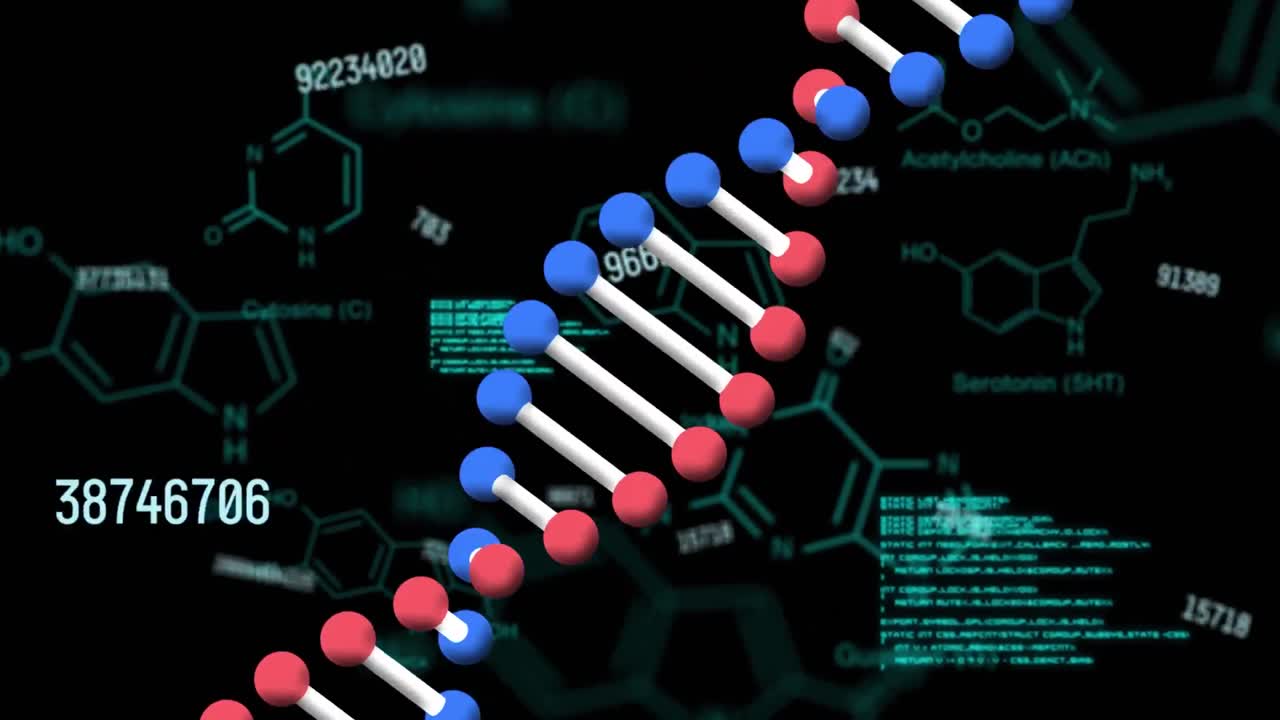 animación del procesamiento de datos , cadena de adn girando sobre compuestos químicos