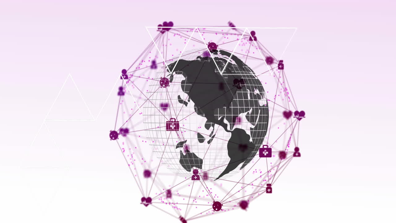 Animation of network of digital icons over spinning globe against pink gradient background