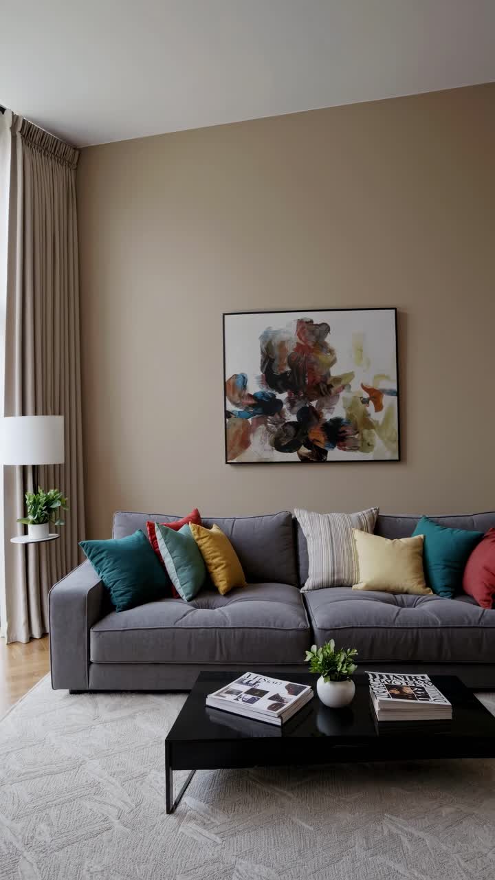 Un salón acogedor con un sofá moderno, cojines coloridos y arte abstracto