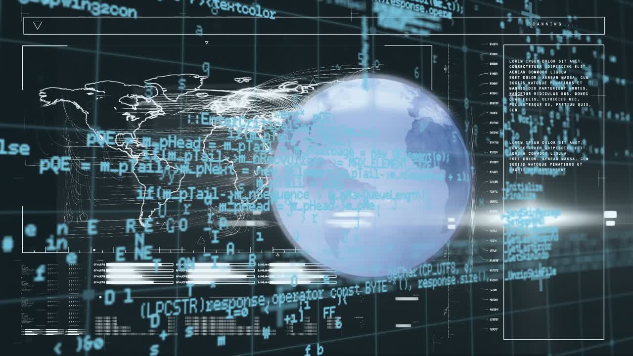 Animation of globe over data processing on blue background