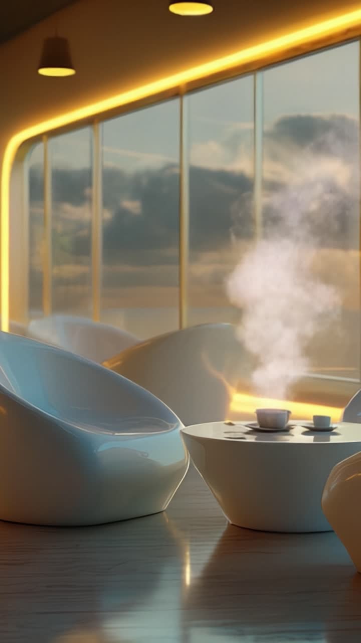 En lugn modern caféinteriör som visar eleganta vita möbler och en ångande dryck på ett stilfullt bord, badad i varmt omgivande ljus under solnedgången.