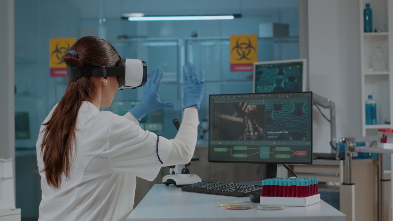 Microbiology specialist using vr glasses in laboratory